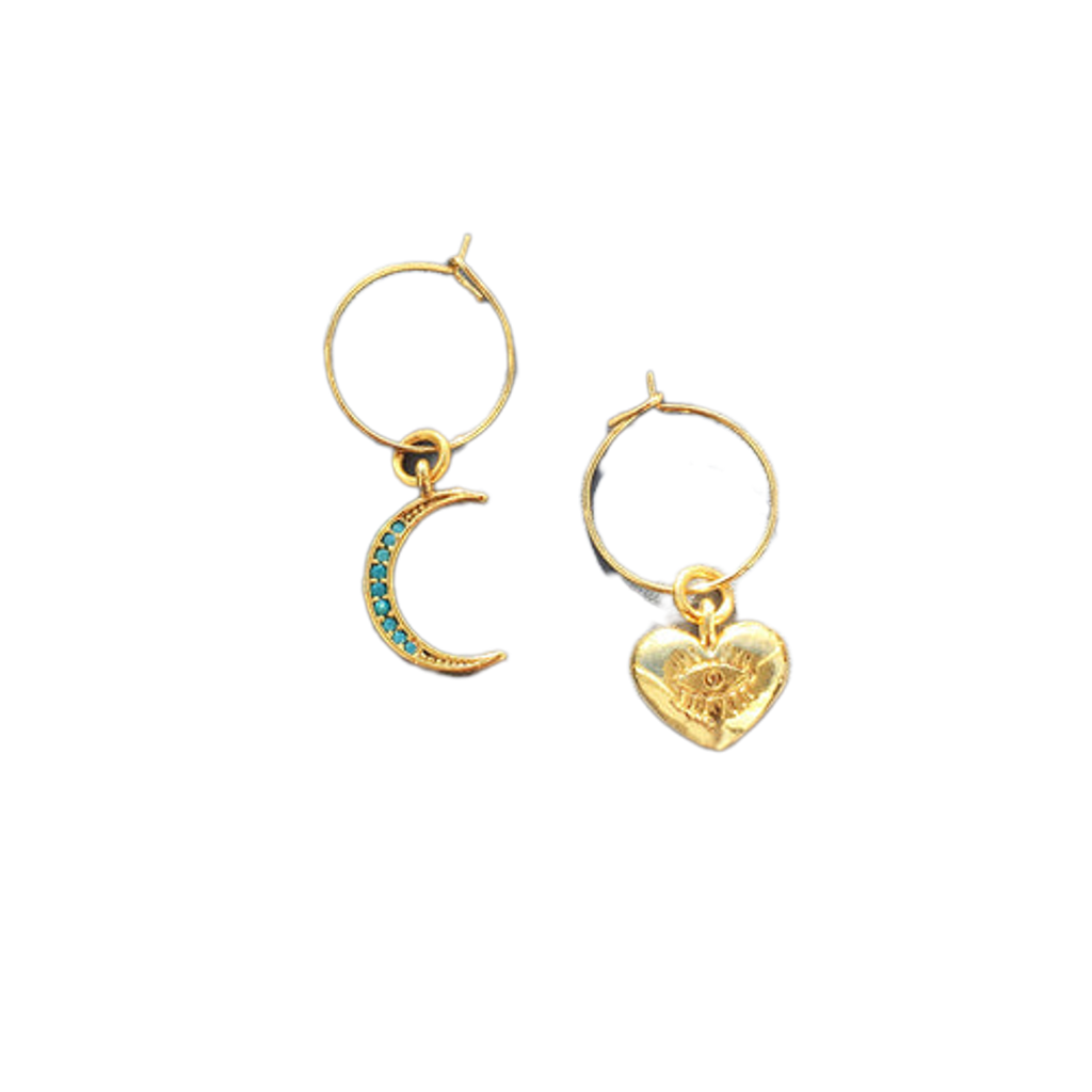 Gold hoop earrings with moon and heart charms on a white background