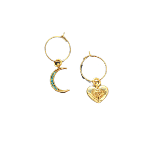 Gold hoop earrings with moon and heart charms on a white background