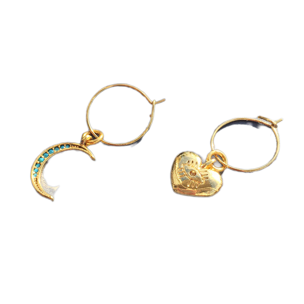 Gold hoop earrings with heart and crescent moon designs on a white background
