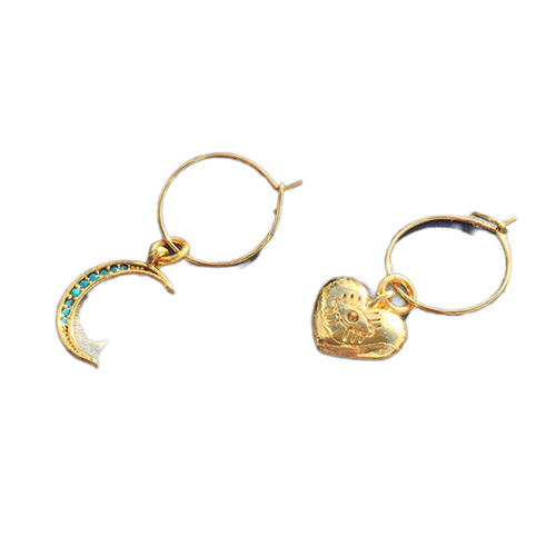 Gold hoop earrings with heart and crescent moon designs on a white background
