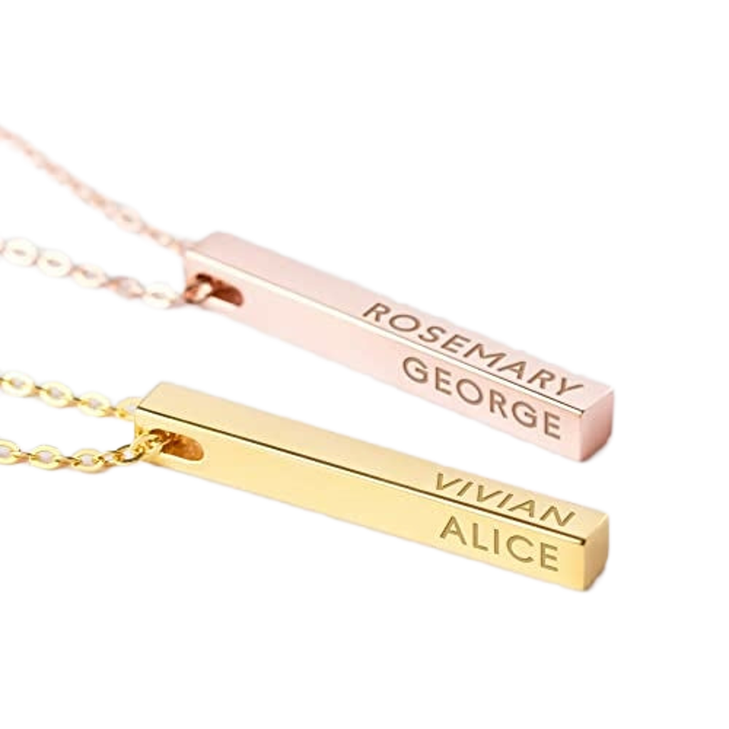 Two gold bar necklaces with engraved names on a white background