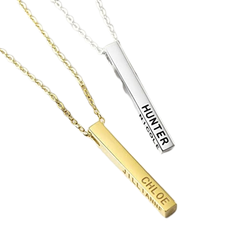 Two vertical bar necklaces, one gold and one silver, on a white background.