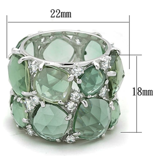 Green gemstone ring with silver accents and measurements on a white background