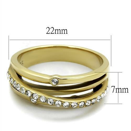 Gold ring with diamond accents and measurements on a white background