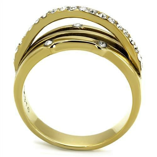 Gold ring with diamond accents on a white background