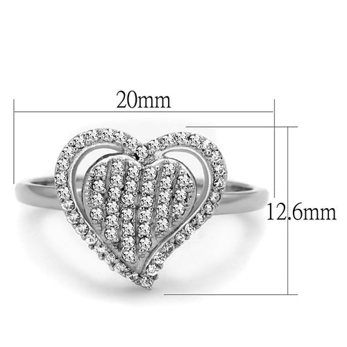 Heart-shaped ring with diamond accents and measurements on a white background