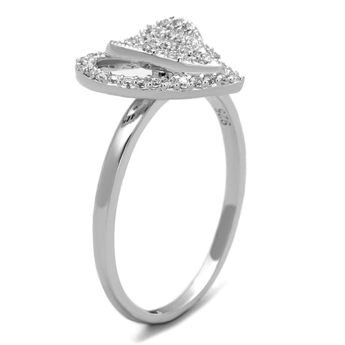 Silver ring with a heart-shaped diamond design on a white background