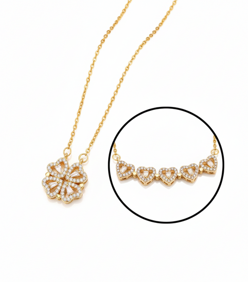 Gold necklace with a detailed pendant on a white background