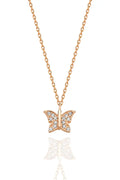 Rose gold butterfly necklace with diamond accents on a white background