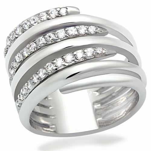 Silver ring with multiple bands and embedded diamonds on a white background