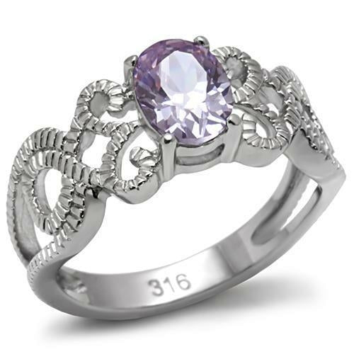 Silver ring with a purple gemstone on a white background