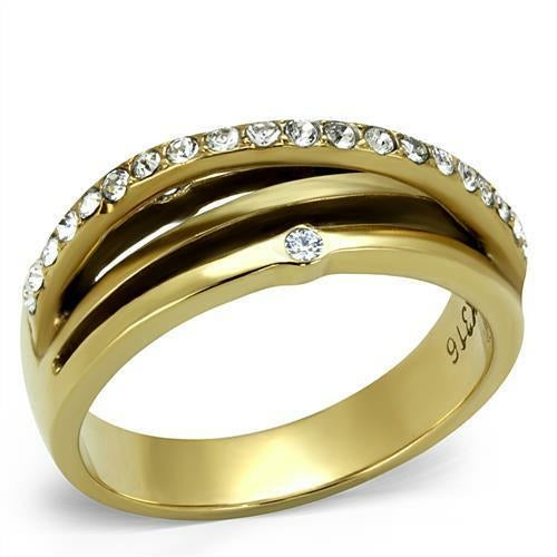 Gold ring with diamond accents on a white background